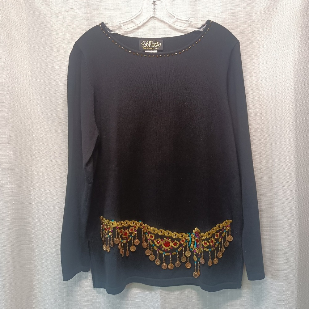 Bob Mackie Wearable Art‎ Gold Coin Embellished Sweater Top M Black Long Sleeve